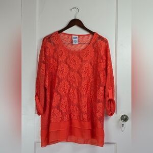 BFA Classics Orange Mesh and Lace Floral Top 1X